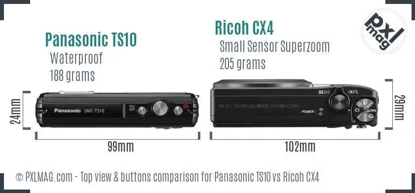 Panasonic TS10 vs Ricoh CX4 top view buttons comparison