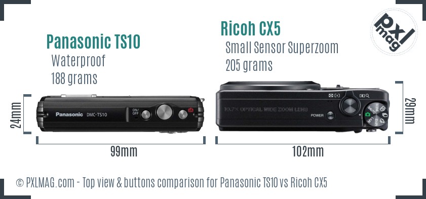 Panasonic TS10 vs Ricoh CX5 top view buttons comparison