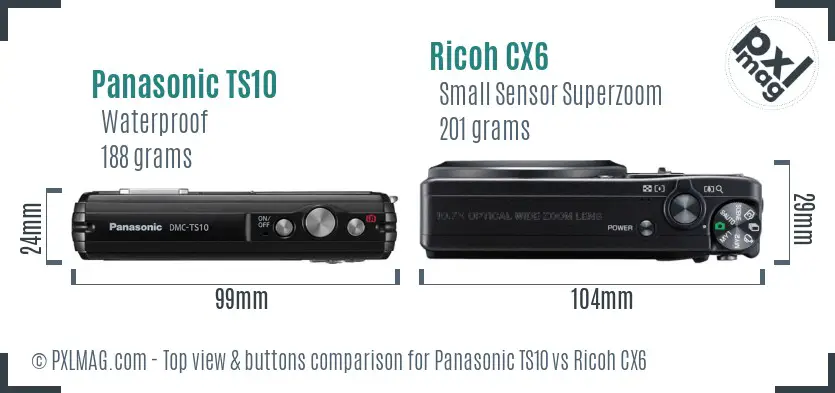 Panasonic TS10 vs Ricoh CX6 top view buttons comparison