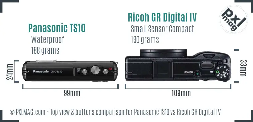 Panasonic TS10 vs Ricoh GR Digital IV top view buttons comparison Panasonic TS10 vs Ricoh GR Digital IV top view buttons comparison