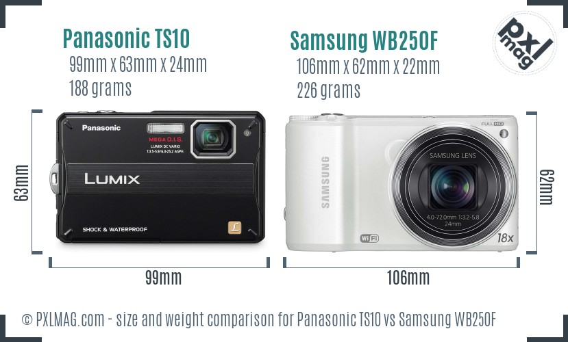 Panasonic TS10 vs Samsung WB250F size comparison