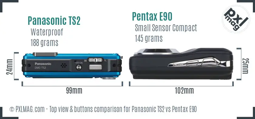 Panasonic TS2 vs Pentax E90 top view buttons comparison
