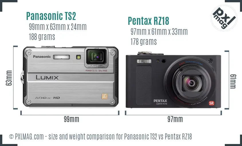 Panasonic TS2 vs Pentax RZ18 size comparison