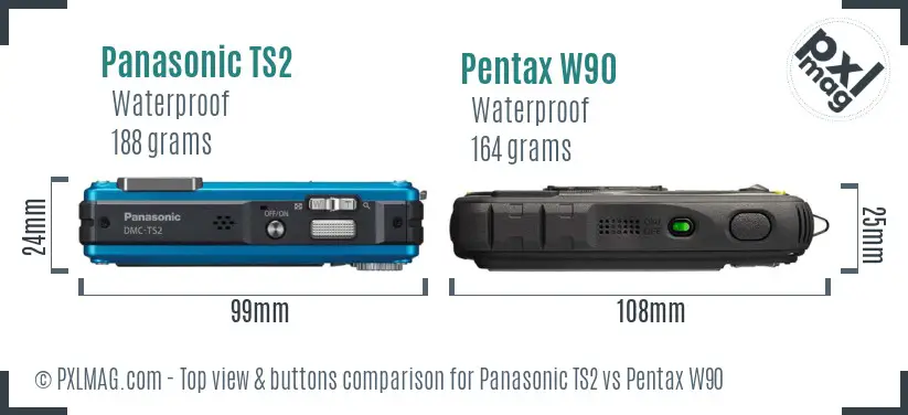 Panasonic TS2 vs Pentax W90 top view buttons comparison