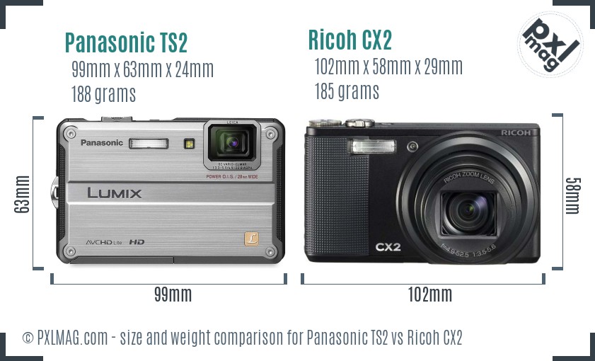 Panasonic TS2 vs Ricoh CX2 size comparison