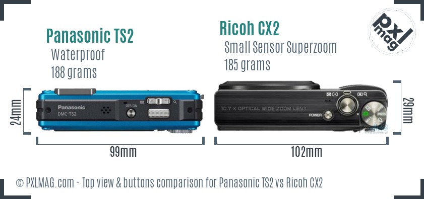 Panasonic TS2 vs Ricoh CX2 top view buttons comparison