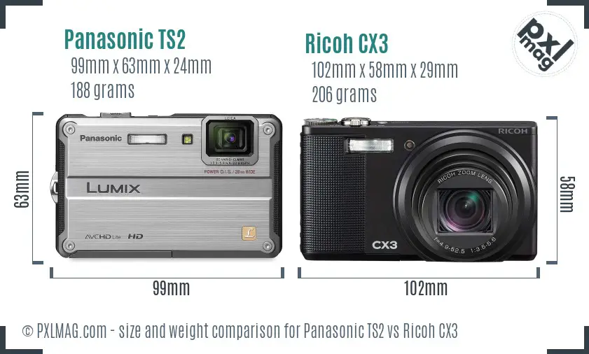 Panasonic TS2 vs Ricoh CX3 size comparison