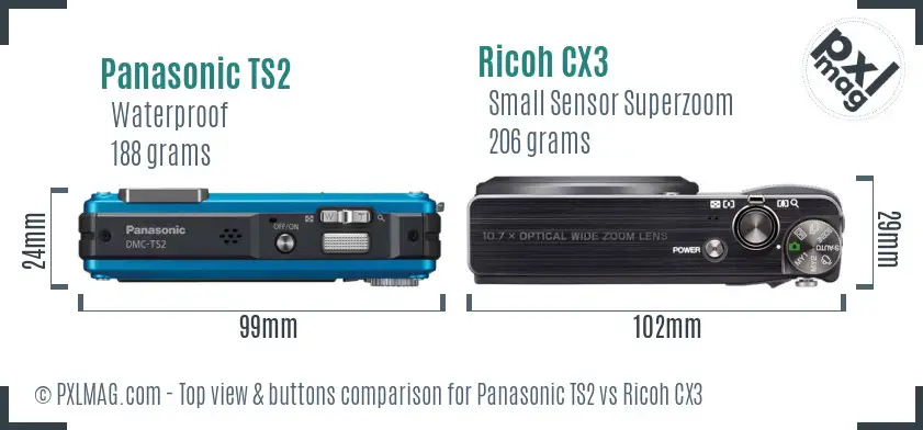 Panasonic TS2 vs Ricoh CX3 top view buttons comparison