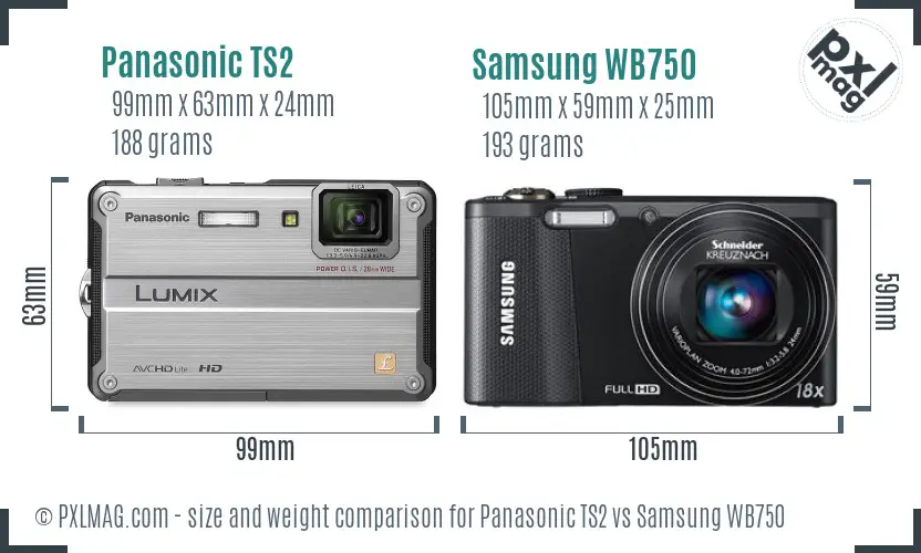 Panasonic TS2 vs Samsung WB750 size comparison