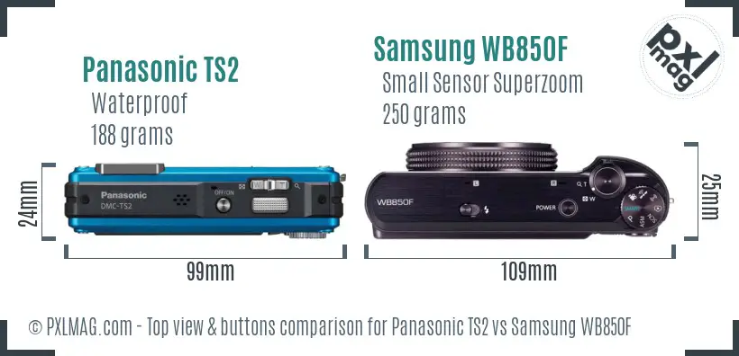 Panasonic TS2 vs Samsung WB850F top view buttons comparison Panasonic TS2 vs Samsung WB850F top view buttons comparison