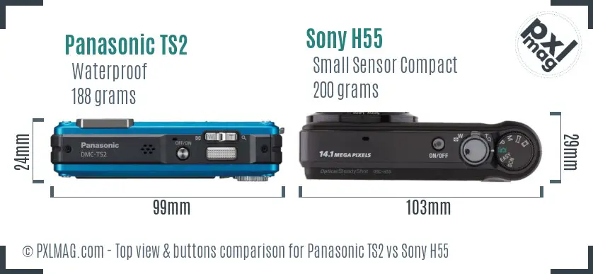 Panasonic TS2 vs Sony H55 top view buttons comparison Panasonic TS2 vs Sony H55 top view buttons comparison