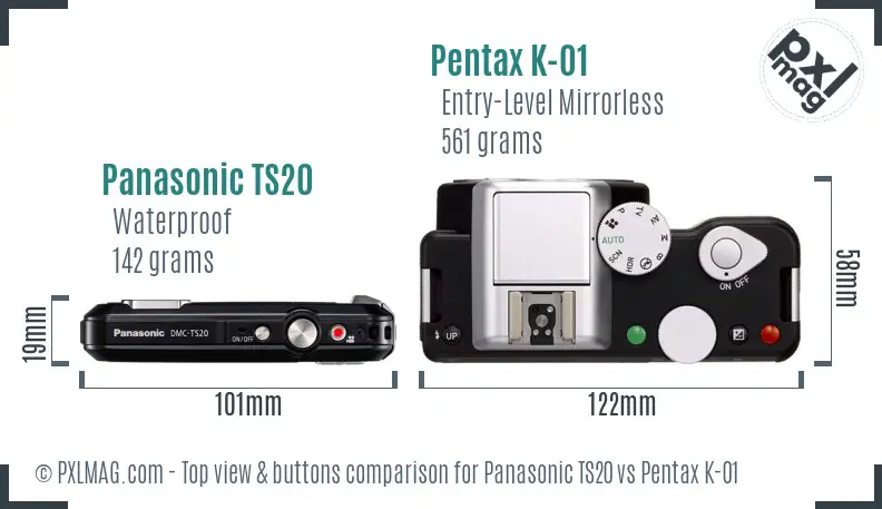 Panasonic TS20 vs Pentax K-01 top view buttons comparison