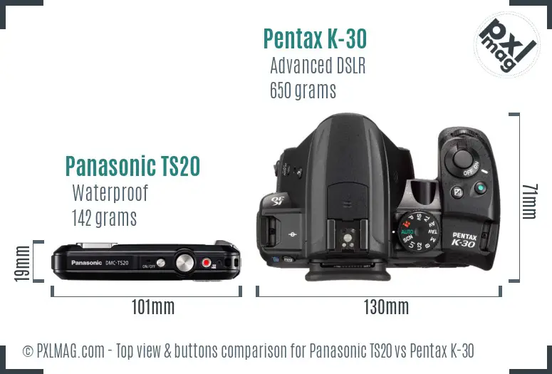 Panasonic TS20 vs Pentax K-30 top view buttons comparison