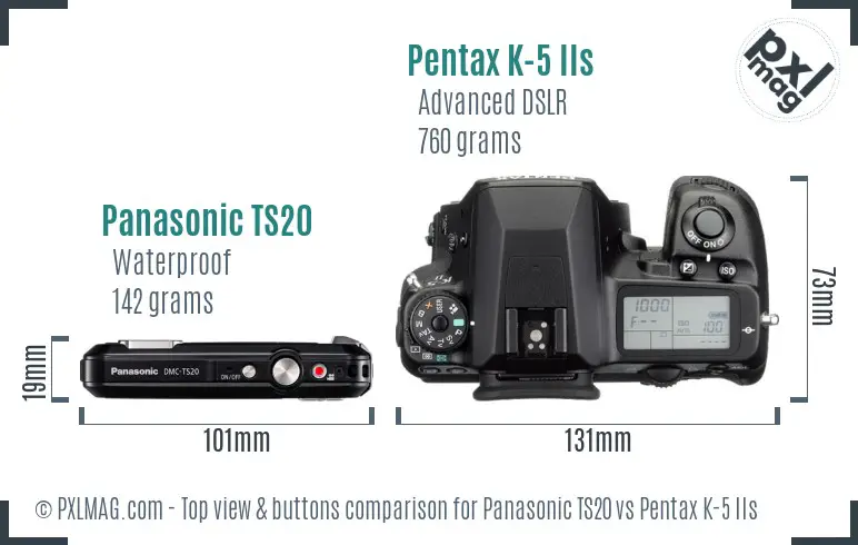 Panasonic TS20 vs Pentax K-5 IIs top view buttons comparison