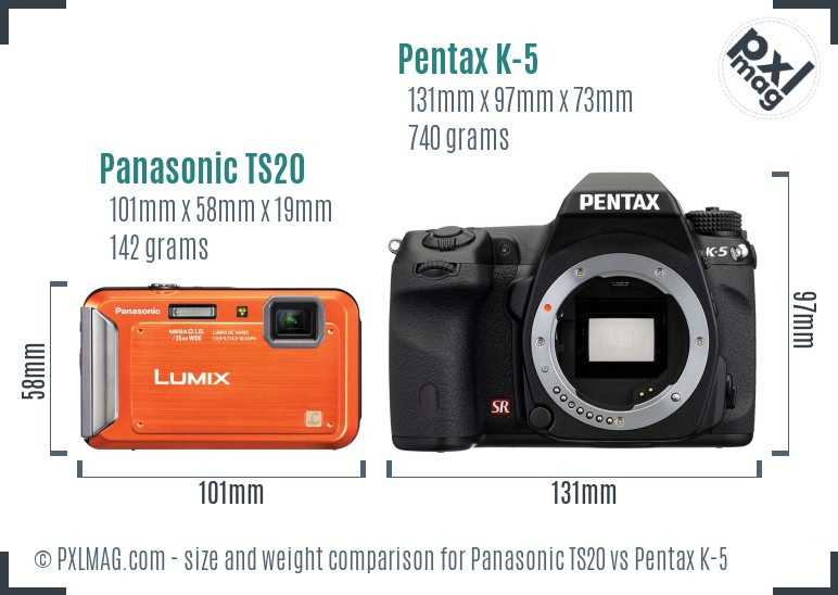 Panasonic TS20 vs Pentax K-5 size comparison