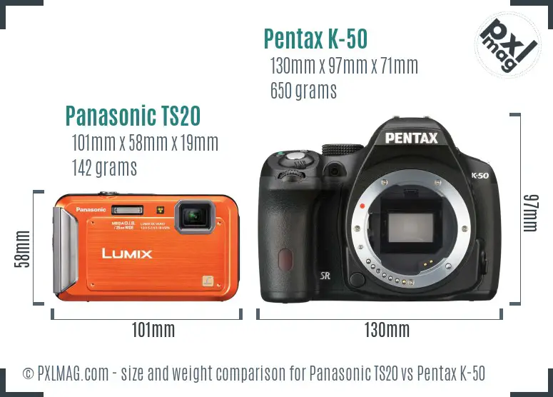 Panasonic TS20 vs Pentax K-50 size comparison