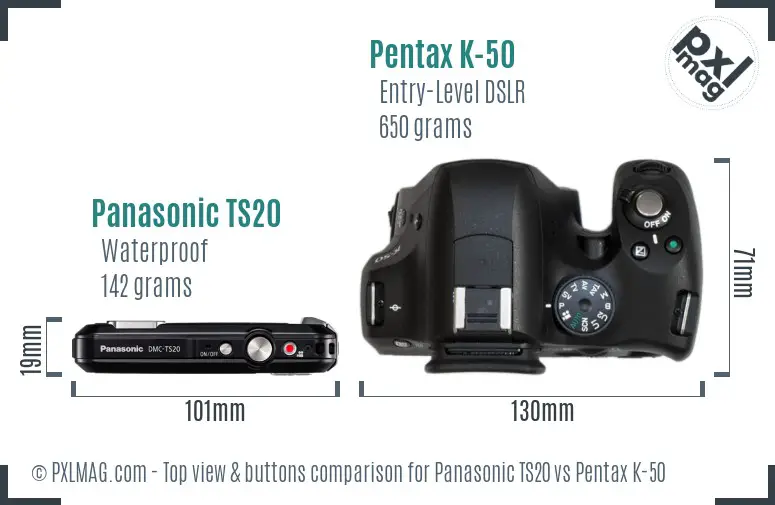 Panasonic TS20 vs Pentax K-50 top view buttons comparison