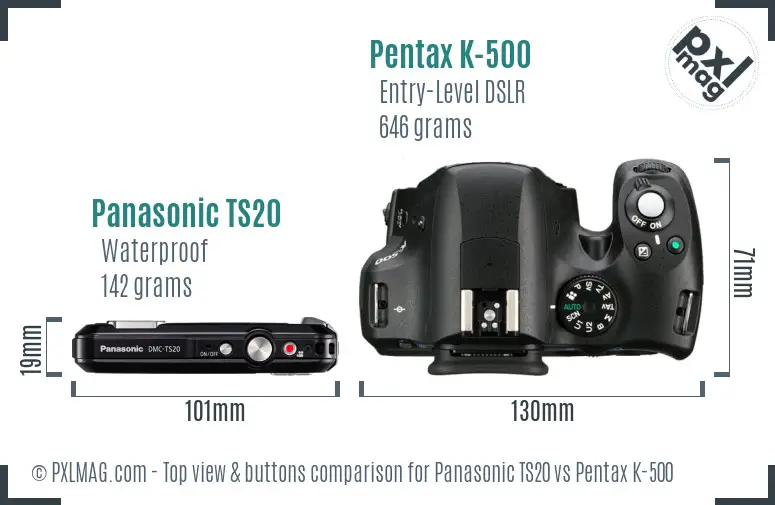 Panasonic TS20 vs Pentax K-500 top view buttons comparison
