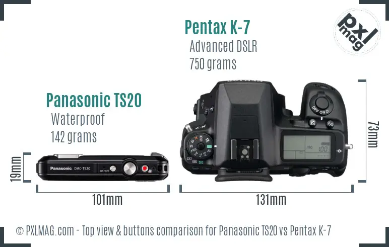Panasonic TS20 vs Pentax K-7 top view buttons comparison