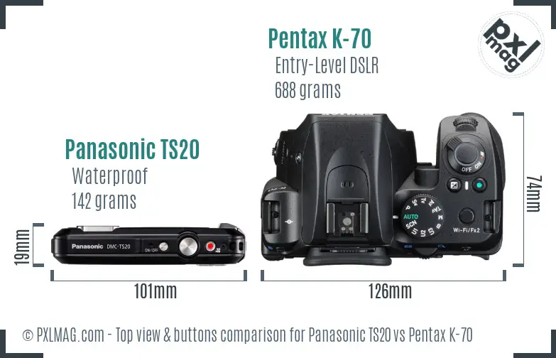 Panasonic TS20 vs Pentax K-70 top view buttons comparison