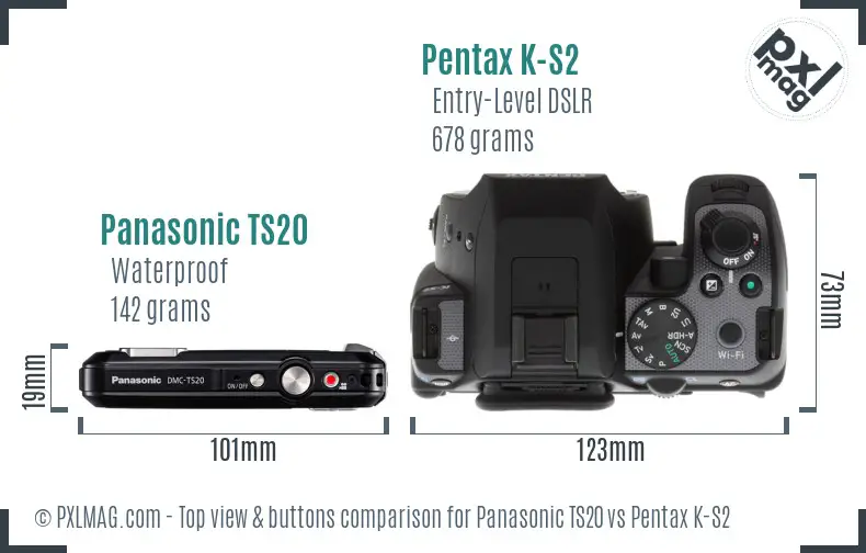 Panasonic TS20 vs Pentax K-S2 top view buttons comparison