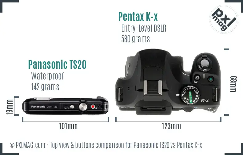 Panasonic TS20 vs Pentax K-x top view buttons comparison