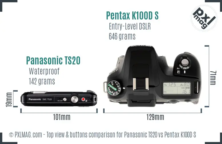 Panasonic TS20 vs Pentax K100D S top view buttons comparison