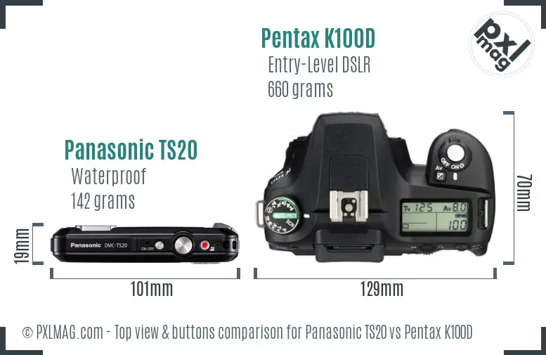 Panasonic TS20 vs Pentax K100D top view buttons comparison