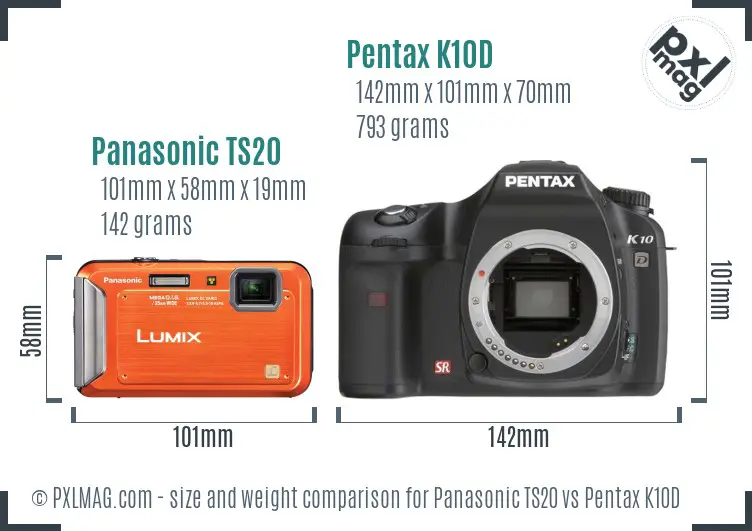Panasonic TS20 vs Pentax K10D size comparison