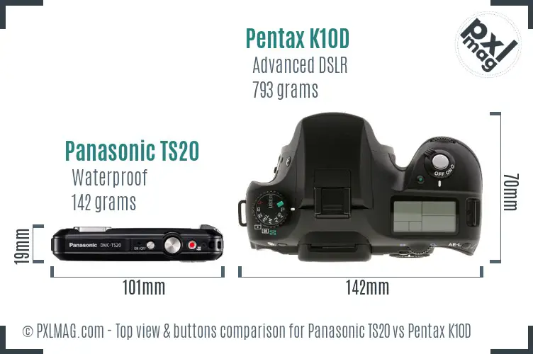 Panasonic TS20 vs Pentax K10D top view buttons comparison