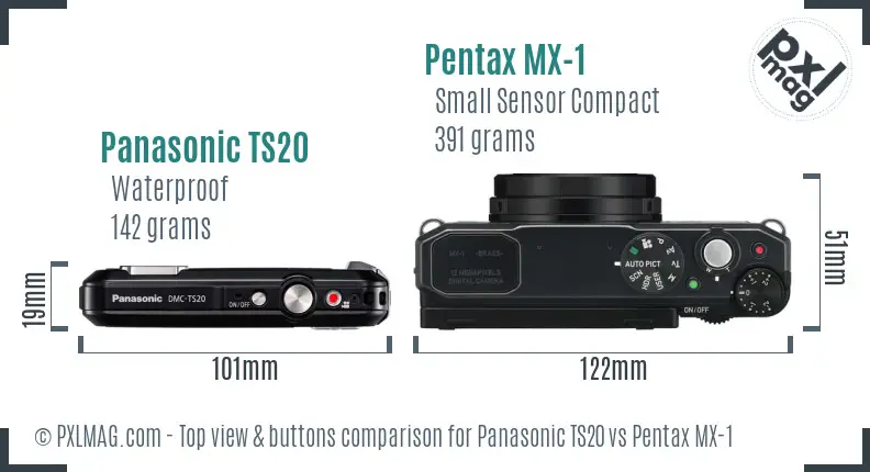 Panasonic TS20 vs Pentax MX-1 top view buttons comparison