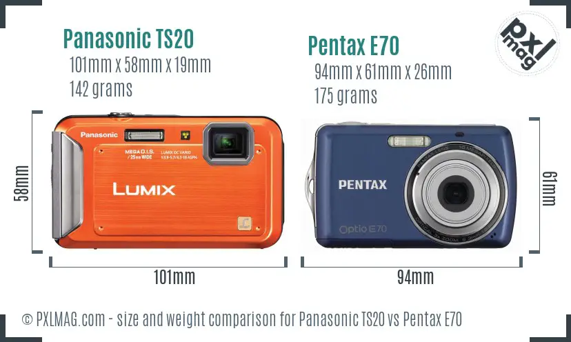 Panasonic TS20 vs Pentax E70 size comparison