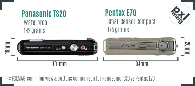 Panasonic TS20 vs Pentax E70 top view buttons comparison