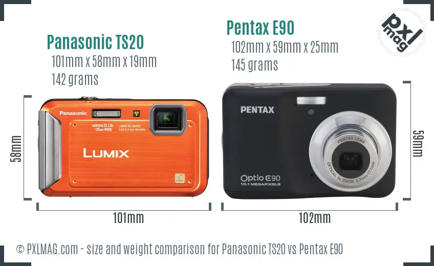 Panasonic TS20 vs Pentax E90 size comparison