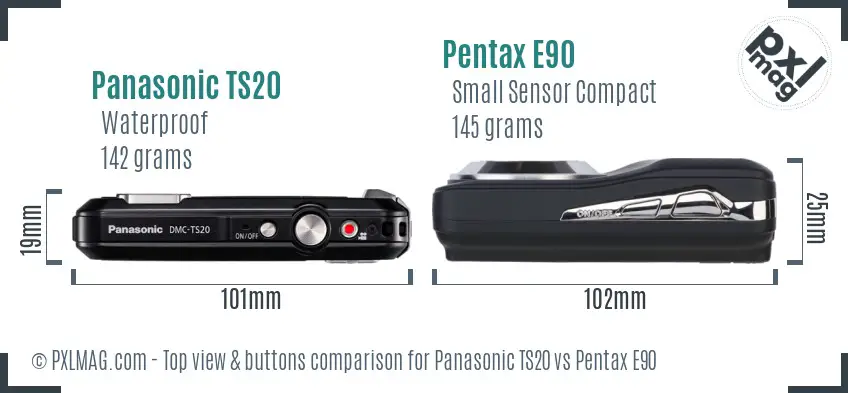 Panasonic TS20 vs Pentax E90 top view buttons comparison