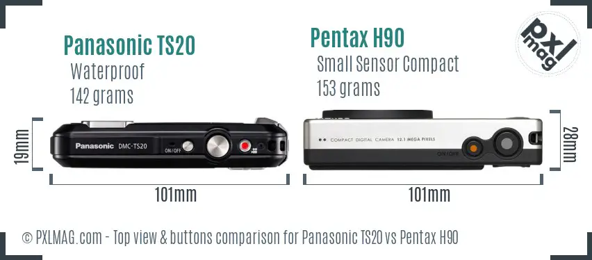 Panasonic TS20 vs Pentax H90 top view buttons comparison