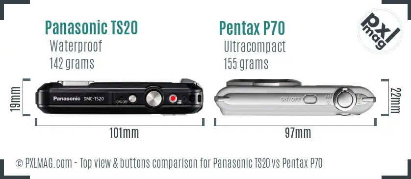 Panasonic TS20 vs Pentax P70 top view buttons comparison