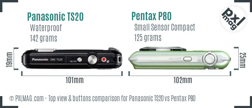 Panasonic TS20 vs Pentax P80 top view buttons comparison