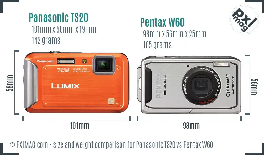 Panasonic TS20 vs Pentax W60 size comparison