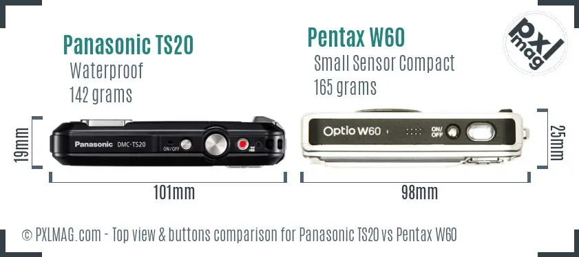 Panasonic TS20 vs Pentax W60 top view buttons comparison
