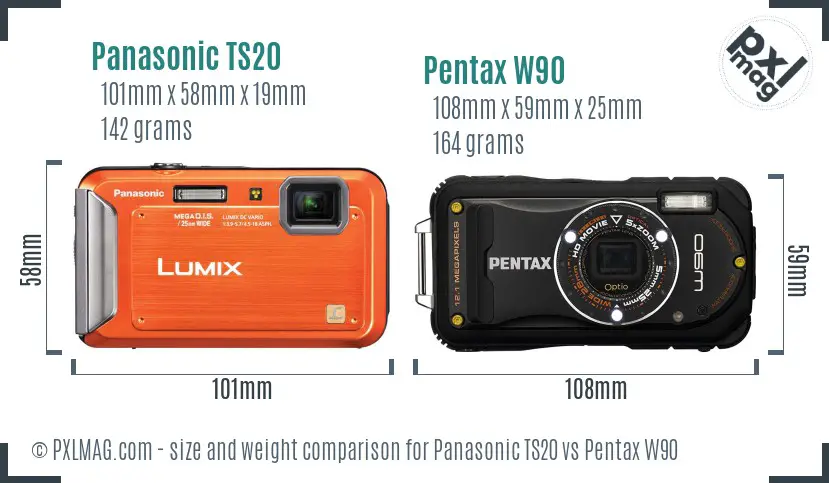 Panasonic TS20 vs Pentax W90 size comparison