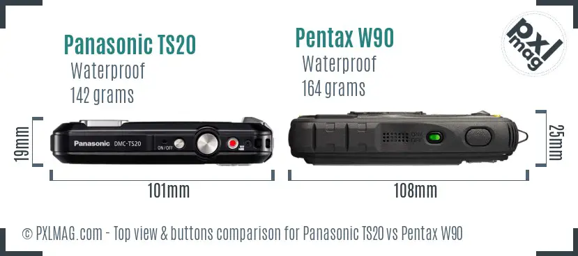 Panasonic TS20 vs Pentax W90 top view buttons comparison