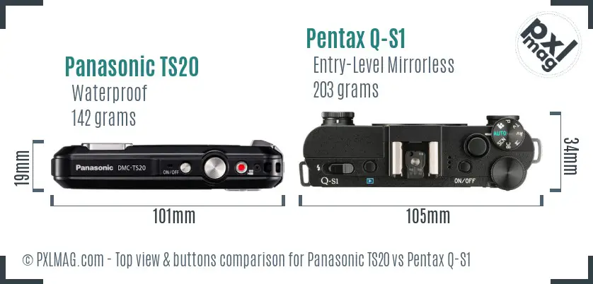 Panasonic TS20 vs Pentax Q-S1 top view buttons comparison