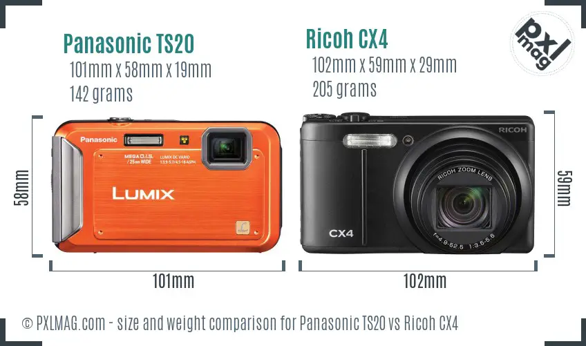 Panasonic TS20 vs Ricoh CX4 size comparison Panasonic TS20 vs Ricoh CX4 size comparison