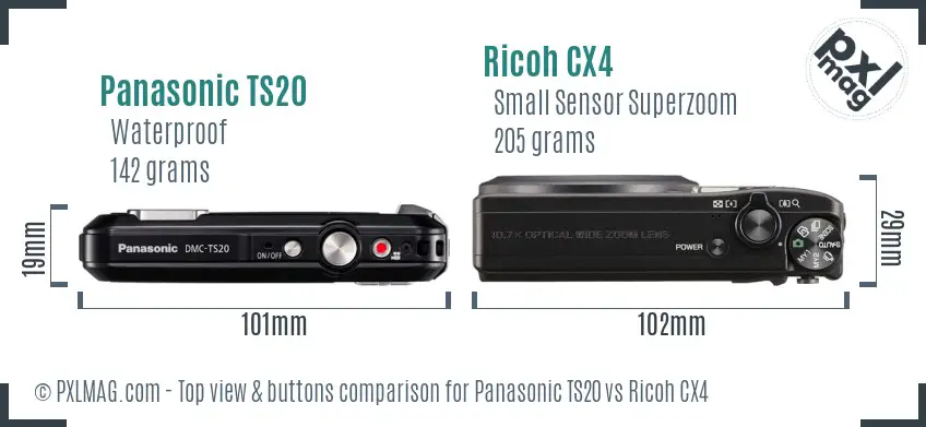 Panasonic TS20 vs Ricoh CX4 top view buttons comparison Panasonic TS20 vs Ricoh CX4 top view buttons comparison