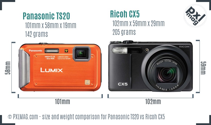 Panasonic TS20 vs Ricoh CX5 size comparison Panasonic TS20 vs Ricoh CX5 size comparison