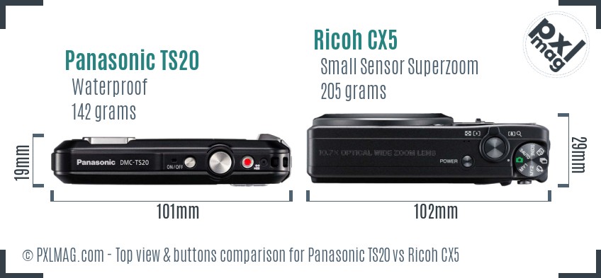 Panasonic TS20 vs Ricoh CX5 top view buttons comparison