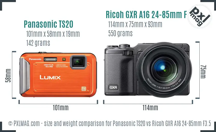 Panasonic TS20 vs Ricoh GXR A16 24-85mm F3.5-5.5 size comparison