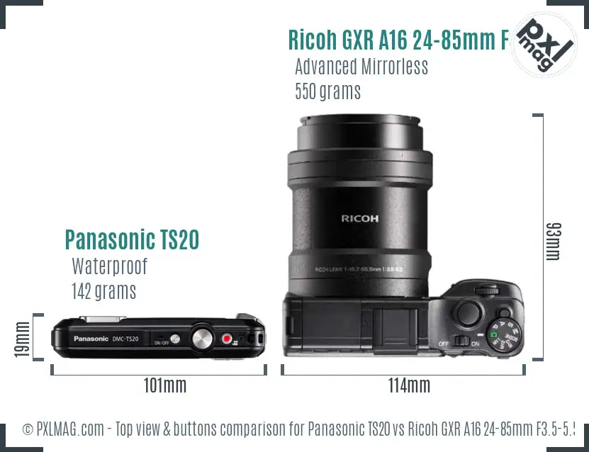 Panasonic TS20 vs Ricoh GXR A16 24-85mm F3.5-5.5 top view buttons comparison
