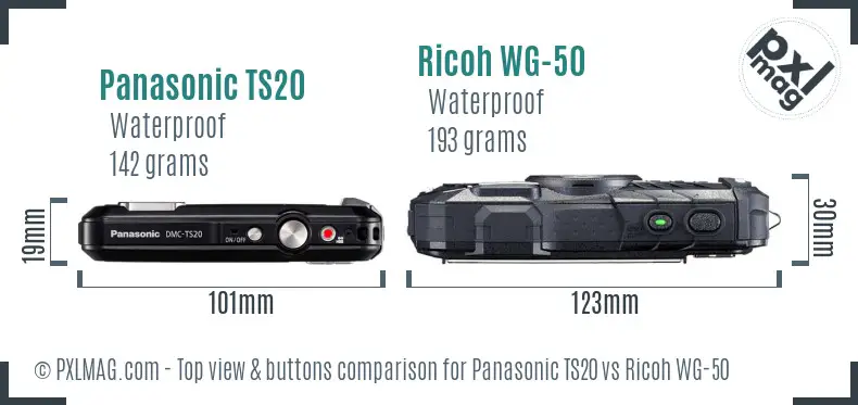 Panasonic TS20 vs Ricoh WG-50 top view buttons comparison Panasonic TS20 vs Ricoh WG-50 top view buttons comparison